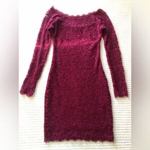 Jump Apparel Maroon Long Sleeve Fitting Lace Dress With Floral Design Style XS
